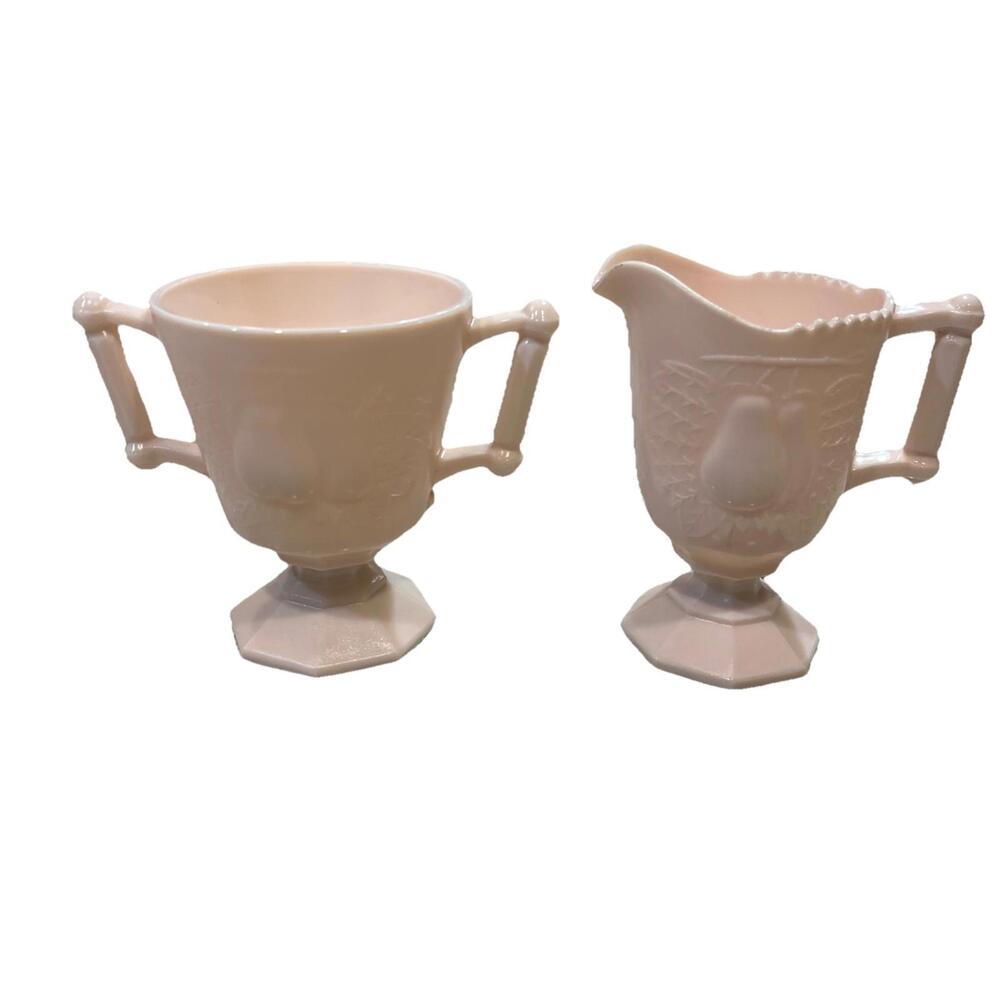 Jeannette Baltimore Pear Pink Milk Glass Set of Creamer and Sugar Bowl EUC